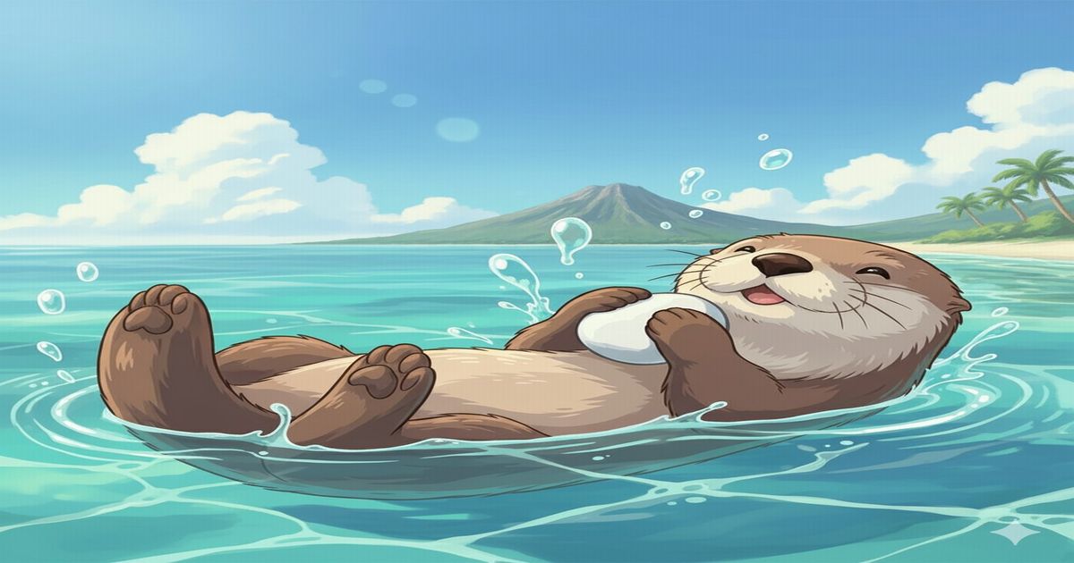 南の海で貝を持って幸せそうに浮かぶカワウソのイラスト