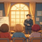 塾の教室内で授業を受ける生徒たちと講師のイラスト