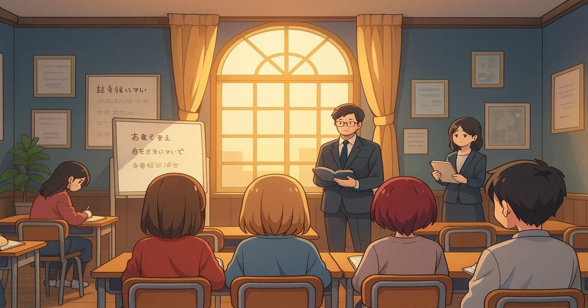 塾の教室内で授業を受ける生徒たちと講師のイラスト
