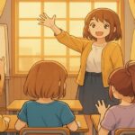 教室で朝の会を開く先生と元気に手を挙げる子どもたちのイラスト。