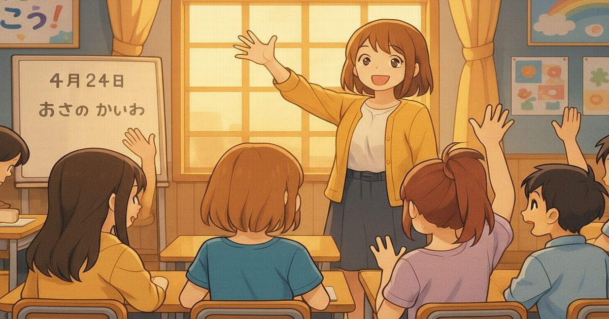 教室で朝の会を開く先生と元気に手を挙げる子どもたちのイラスト。