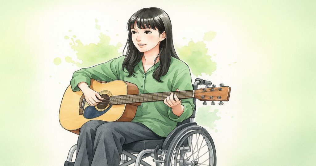 車椅子に座りギターを弾くシンガーソングライター風の女性のイラスト