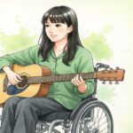 車椅子に座りギターを弾くシンガーソングライター風の女性のイラスト