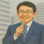 笑顔のビジネスマンがマイクを持ち、グレーのビル街を背景に立つ色鉛筆風イラスト