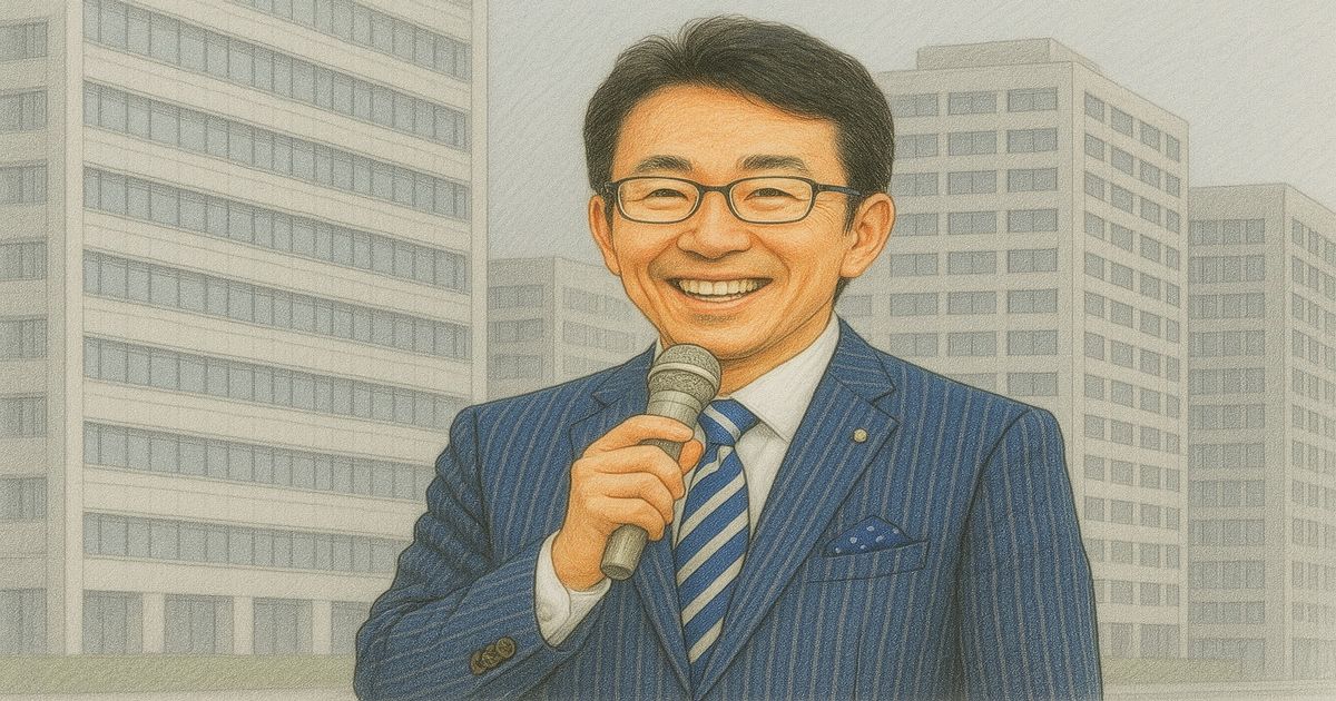 笑顔のビジネスマンがマイクを持ち、グレーのビル街を背景に立つ色鉛筆風イラスト