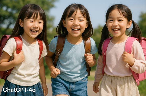 ランドセルを背負って笑顔の小学生の女の子3人が並んで歩く様子