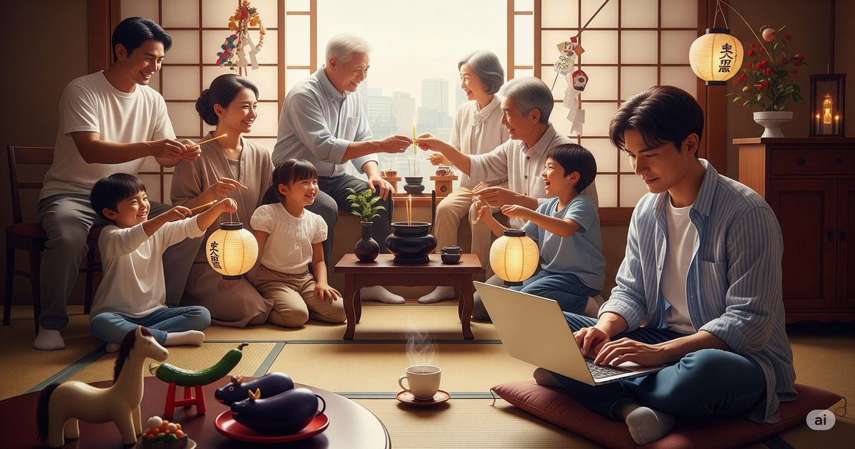 お盆に実家でリモートワークをする男性と、その周りで団らんする家族。伝統的なお盆の飾り（精霊馬や提灯）とノートパソコンが共存し、多様化する帰省スタイルを表現した画像。