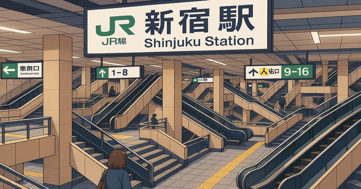 新宿駅の複雑な構造を描いたイラスト、エスカレーターが迷路のように並ぶ光景