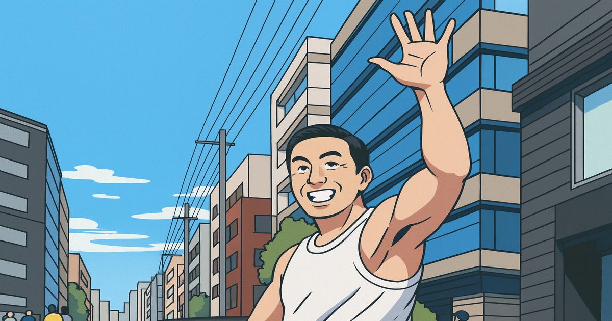 晴天の街中で白いタンクトップ姿の男性が笑顔で手を振るイラスト