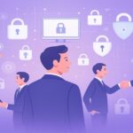 サイバーセキュリティを象徴する背景と複数のビジネスパーソン