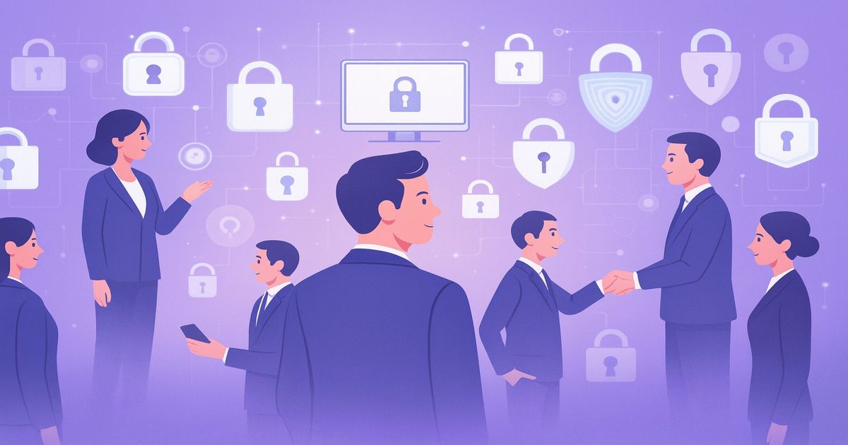 サイバーセキュリティを象徴する背景と複数のビジネスパーソン