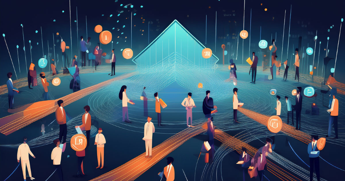 人々が情報やデータを共有し合うネットワーク社会のイメージイラスト