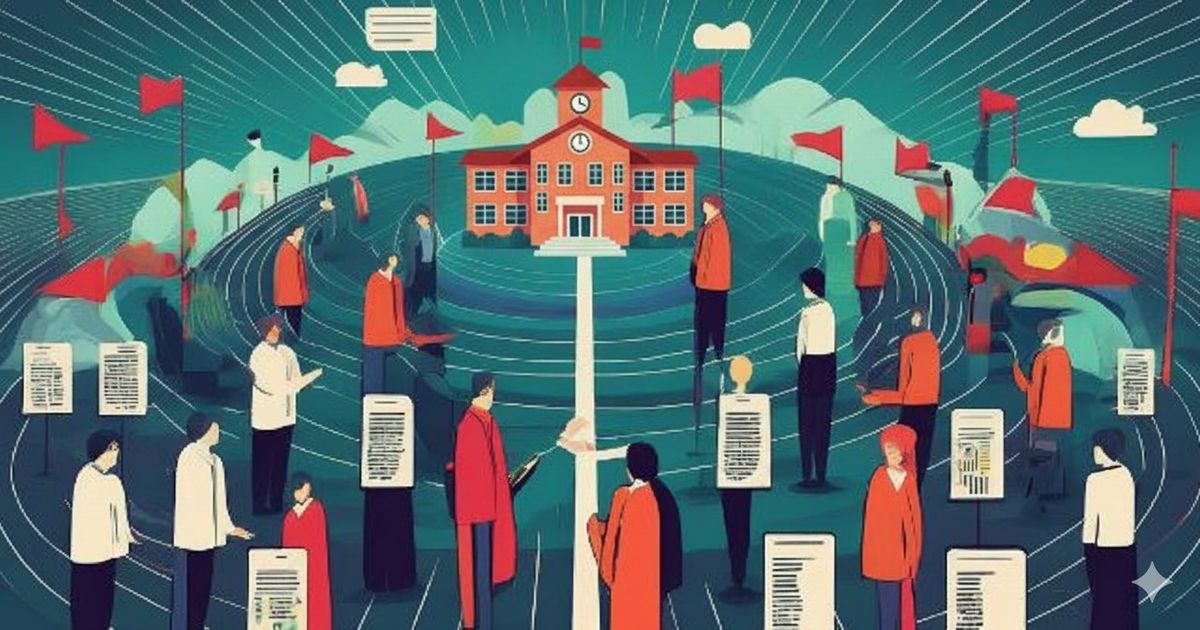 学校と人々、赤い旗が描かれた教育政策を象徴するイメージ図
