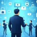 サイバーセキュリティを象徴する人物と鍵アイコンのイラスト