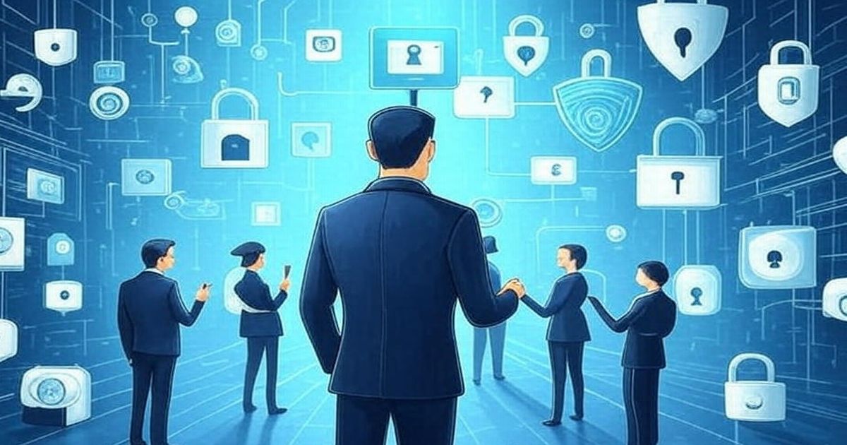 サイバーセキュリティを象徴する人物と鍵アイコンのイラスト