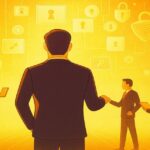 サイバー攻撃対策や情報漏えい防止を検討する企業チームのイラスト。男性リーダーが中央で指示を出し、背景には鍵マークやセキュリティアイコンが浮かぶ。データ保護、DX時代の企業防衛、リスクマネジメントを象徴するビジネスシーン。