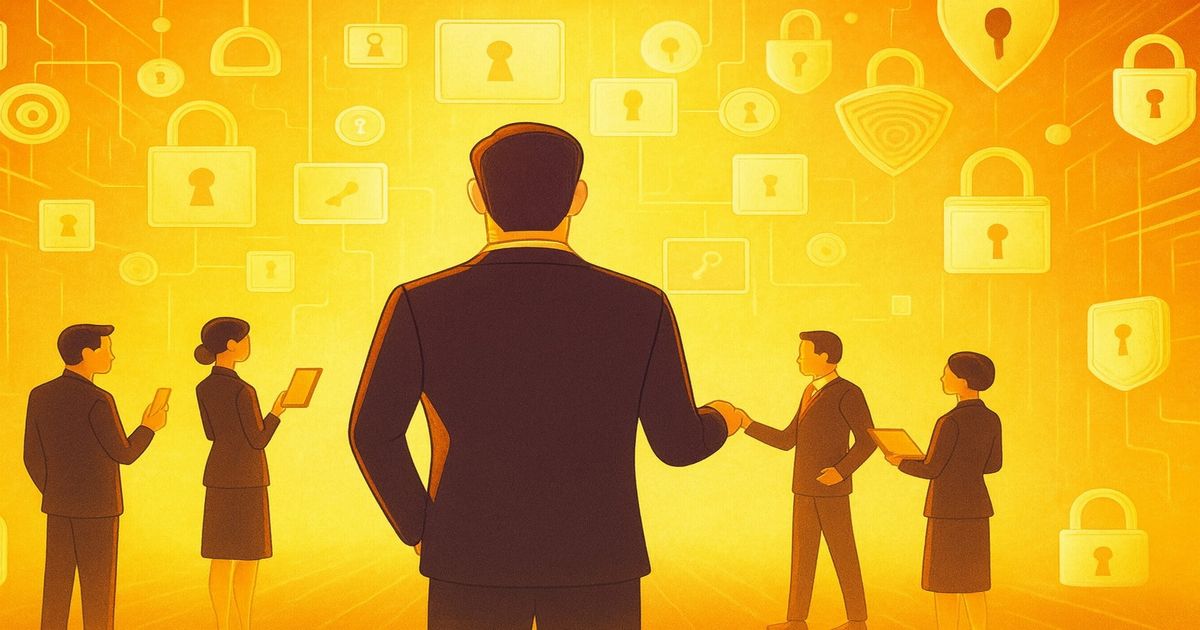 ビジネスマンたちとサイバーセキュリティの鍵アイコン