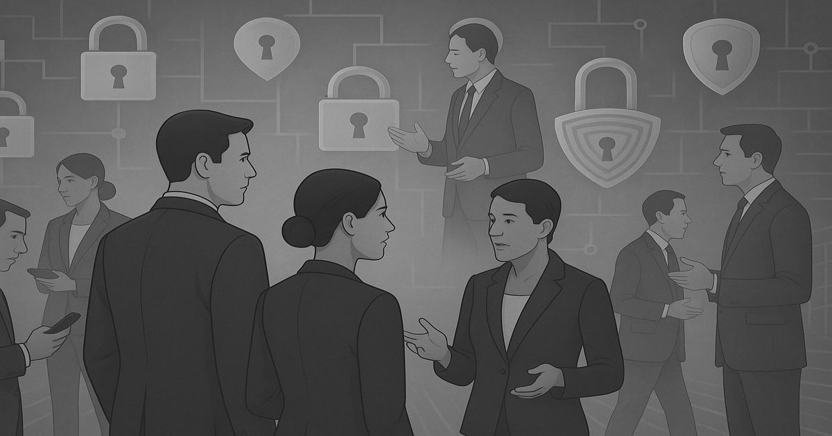 スーツ姿のビジネスマンとビジネスウーマンが会話する中、背景には多数の鍵アイコンやセキュリティのシンボルが描かれ、情報セキュリティやデータ保護をイメージしたイラスト。