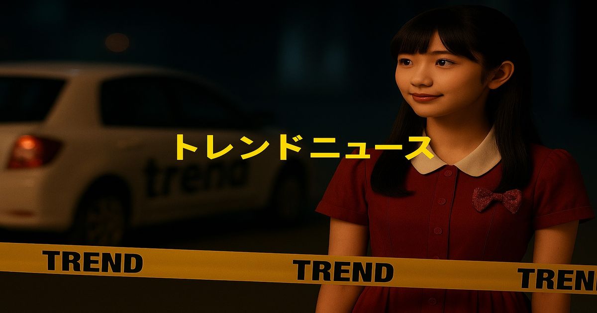 夜のニュース現場でアイドル風女性記者とtrend社の車、規制テープにTRENDの文字