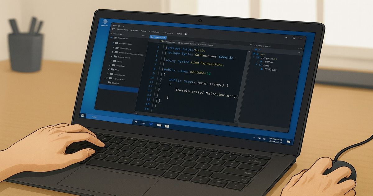 ノートパソコンでプログラムを記述する開発者の手元