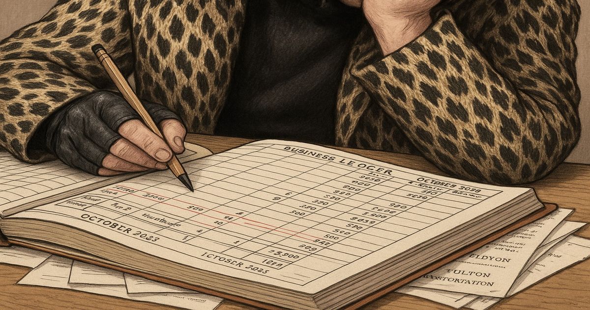 革手袋をした人物がヒョウ柄のコートを着て、帳簿に鉛筆で記入している手描き風のヴィンテージイラスト
