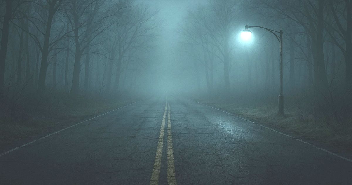 霧に包まれた夜の森の道と街灯のホラー風景