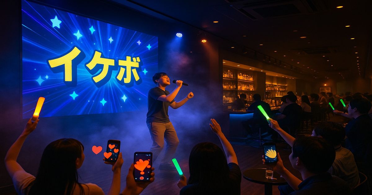 渋谷の応援型カラオケバーで観客が光るスティックを振り、ステージで歌う男性を応援する様子