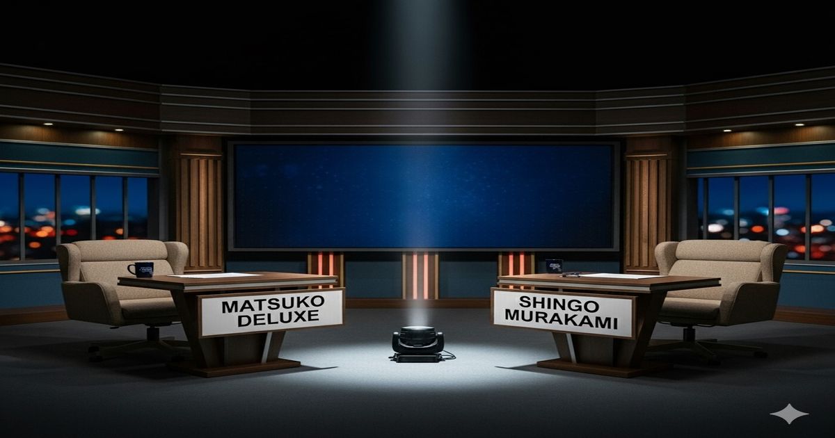 テレビのトーク番組のセットで、マツコ・デラックスと村上信五のネームプレートが置かれた2つの司会者席が空になっている。中央の大型スクリーンも空白で、ステージは薄暗く、上からスポットライトが当たっている。