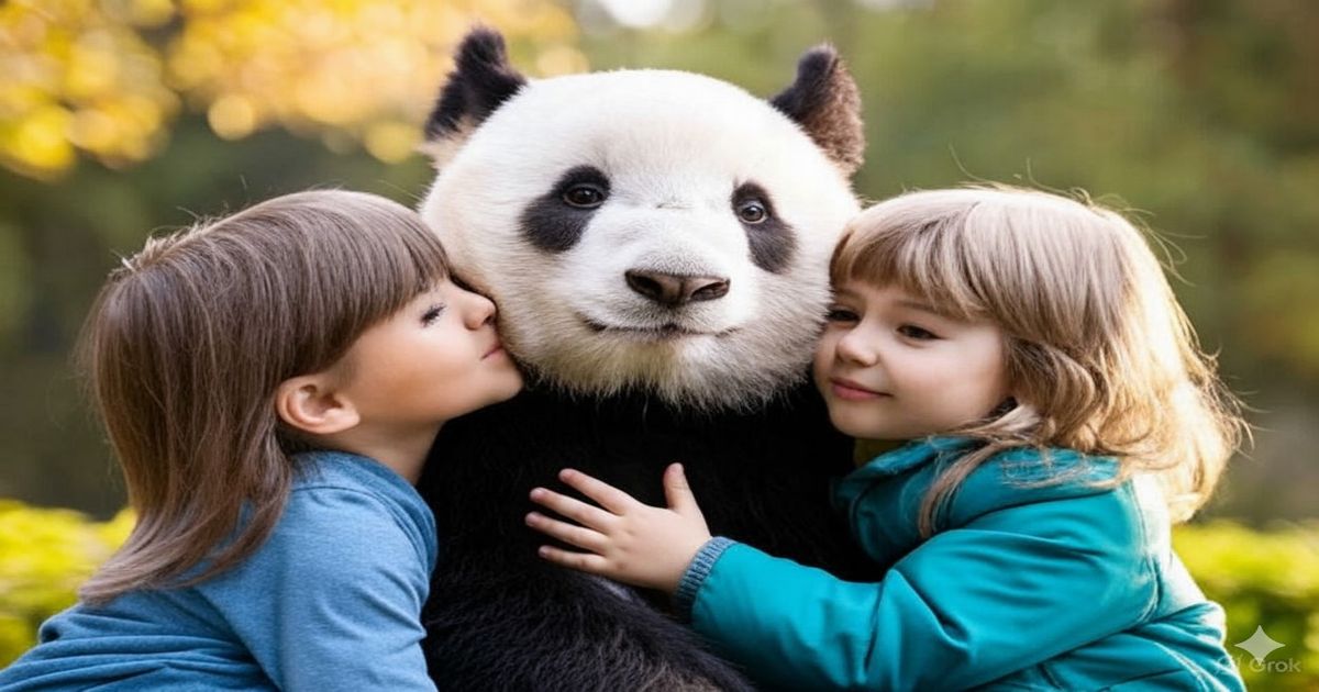 子どもたちに抱きしめられるパンダの温かい光景