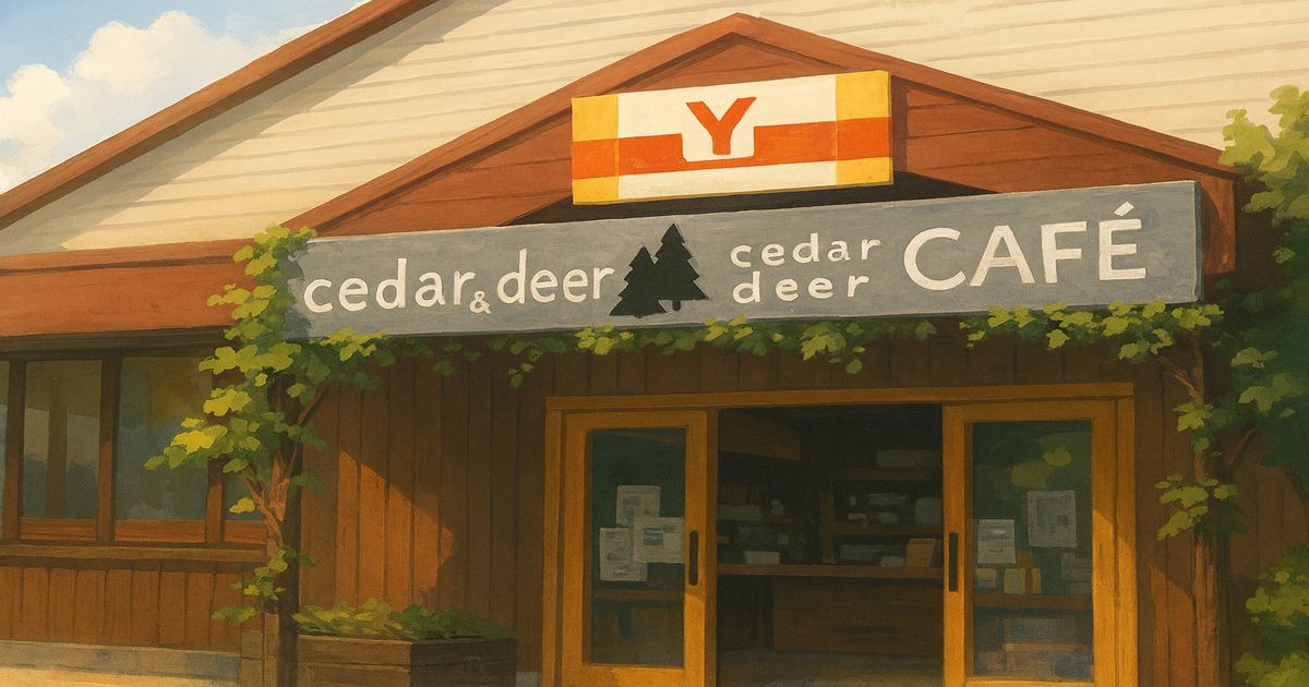 木々に囲まれた「cedar & deer CAFE」の外観イラスト