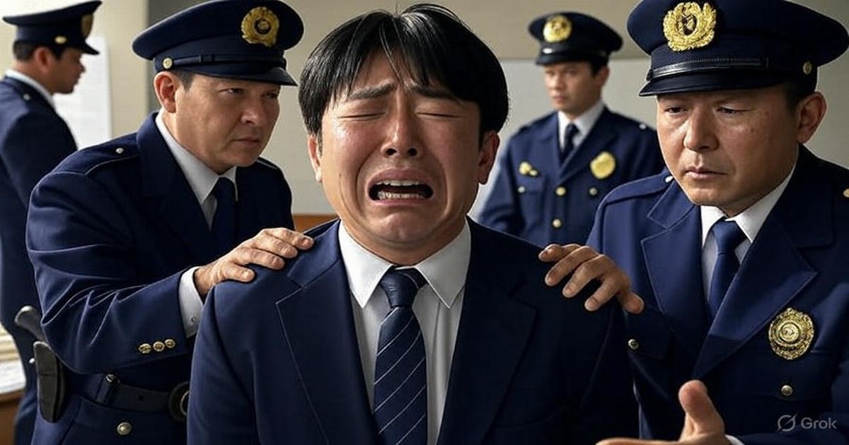 警察官に取り押さえられるスーツ姿の男性