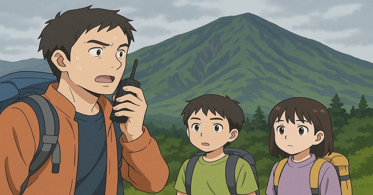 鳥海山で遭難しかけた男性と子ども2人のアニメイラスト