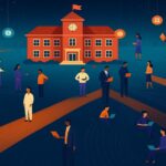 デジタル空間でつながる人々と赤い校舎のイラスト