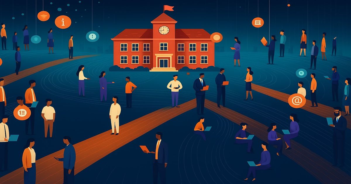 デジタル空間でつながる人々と赤い校舎のイラスト