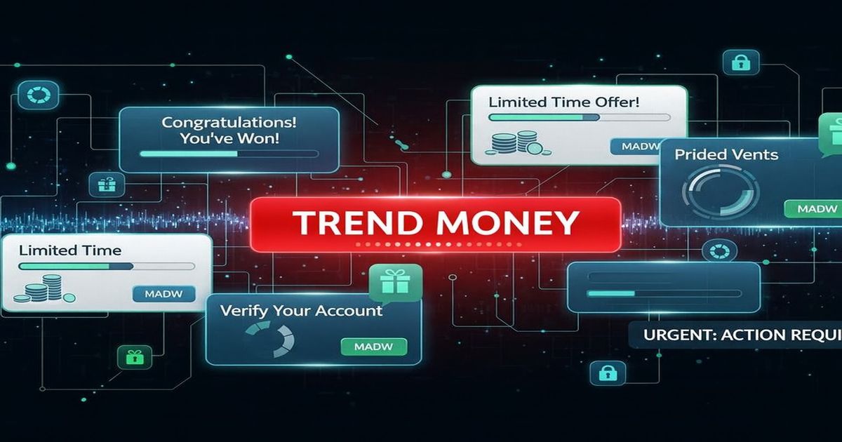赤い警告バナーに「TREND MONEY」と表示されたサイバー風デザイン