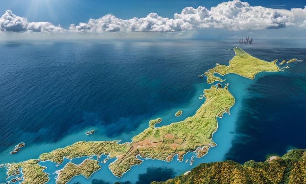 日本列島の3D立体地図、海に浮かぶリアルな日本の島々のCG画像