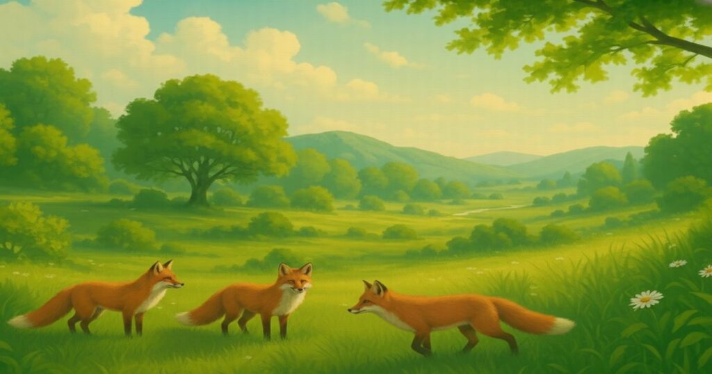 緑の草原で遊ぶ3匹のキタキツネのイラスト。青空と木々が広がる春の風景。