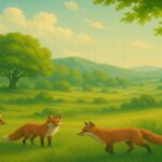 緑の草原で遊ぶ3匹のキタキツネのイラスト。青空と木々が広がる春の風景。