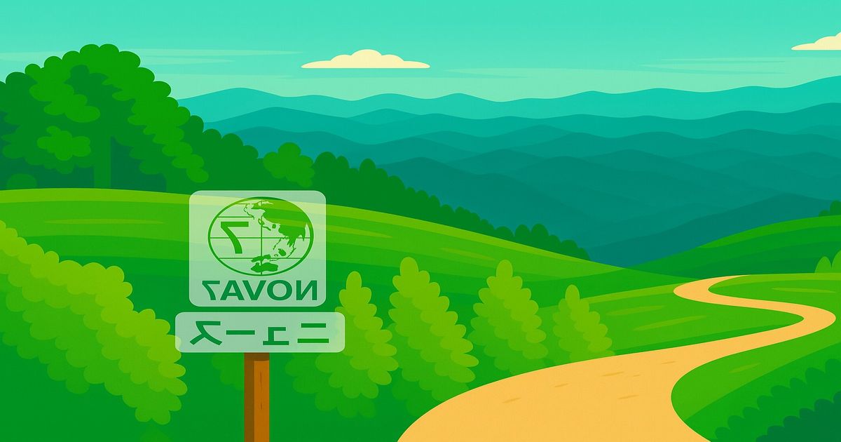 山間の風景に立つ「NOVA7ニュース」の看板イラスト