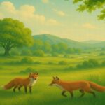 春の草原で向かい合う2匹のキタキツネのイラスト。奥には木々と青い山々が広がる。