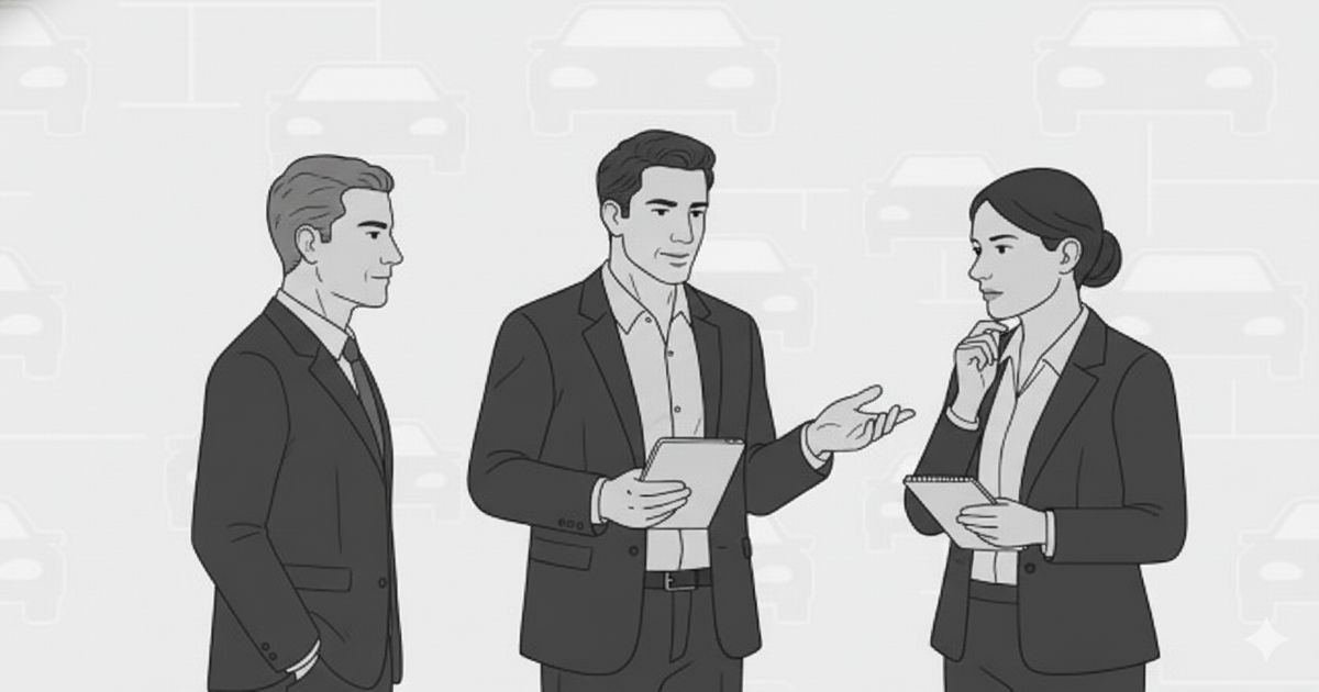 スーツ姿の男女3人が会議中に議論しているイラスト