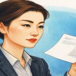 中国人女性が書類を持つビジネスイラスト