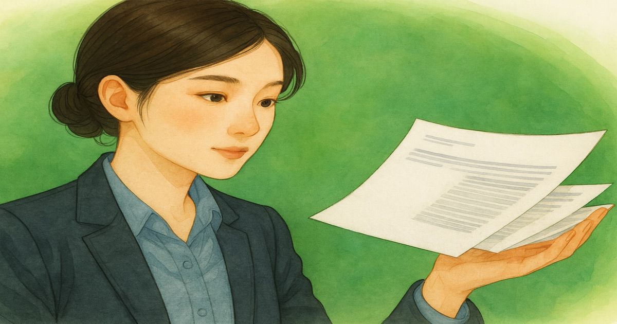 婚活冊子の内容を確認するスーツ姿の女性のイラスト
