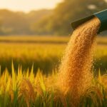 黄金色の稲穂が実る田んぼで、コンバインから収穫したモミが流れ落ちる瞬間を捉えた写真