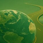 手前に地球があり、遠くへ伸びる道路が描かれたグリーン基調の幻想的な風景