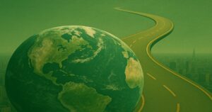 手前に地球があり、遠くへ伸びる道路が描かれたグリーン基調の幻想的な風景