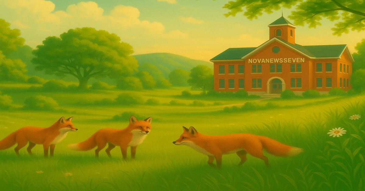 美しい草原で3匹のキツネが遊び、遠景に学校と「novaニュースセブン」のロゴが入ったイラスト