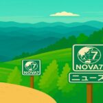 山間の風景に立つ「NOVA7ニュース」の看板イラスト