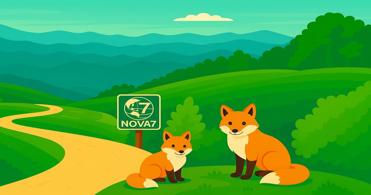 緑の丘陵地にたたずむ2匹のキタキツネとNOVA7の看板イラスト