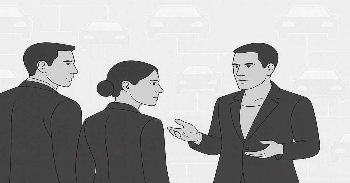 車のアイコン背景でビジネス会話をする3人の人物